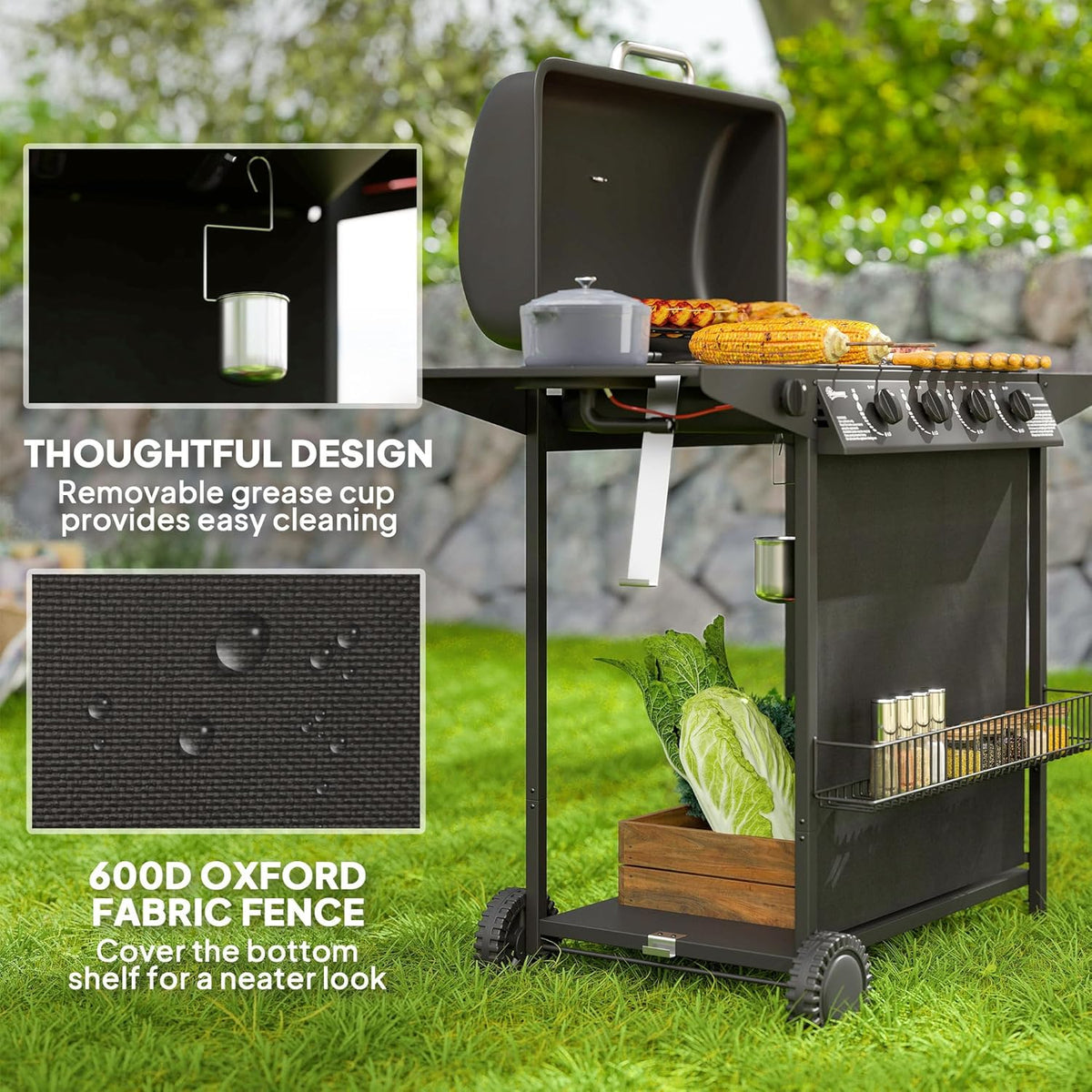 Four-Burner Propane Grill with Side Burner, Black