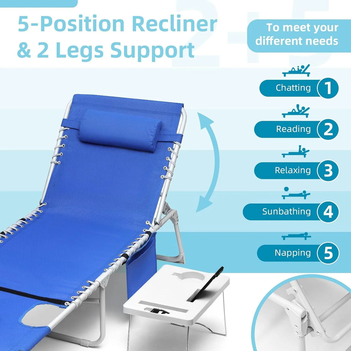 3-IN-1 Outdoor Sun Tanning Lounge Chair with Face Hole - 5-POSITION Recliner, Folding Side Table & Removable Pillow, 330LBS Capacity, Blue