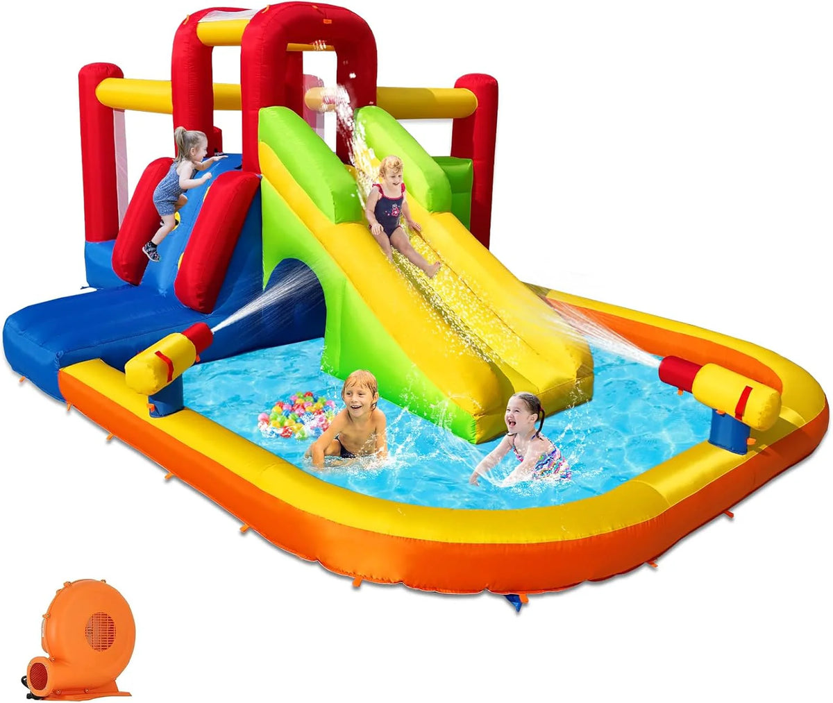 Bounce House Inflatable Water Slide for Kids, Water Park with Splash Pool, Double Cannon, 2 Climbing Walls, Obstacles, Blow Up Jumping…