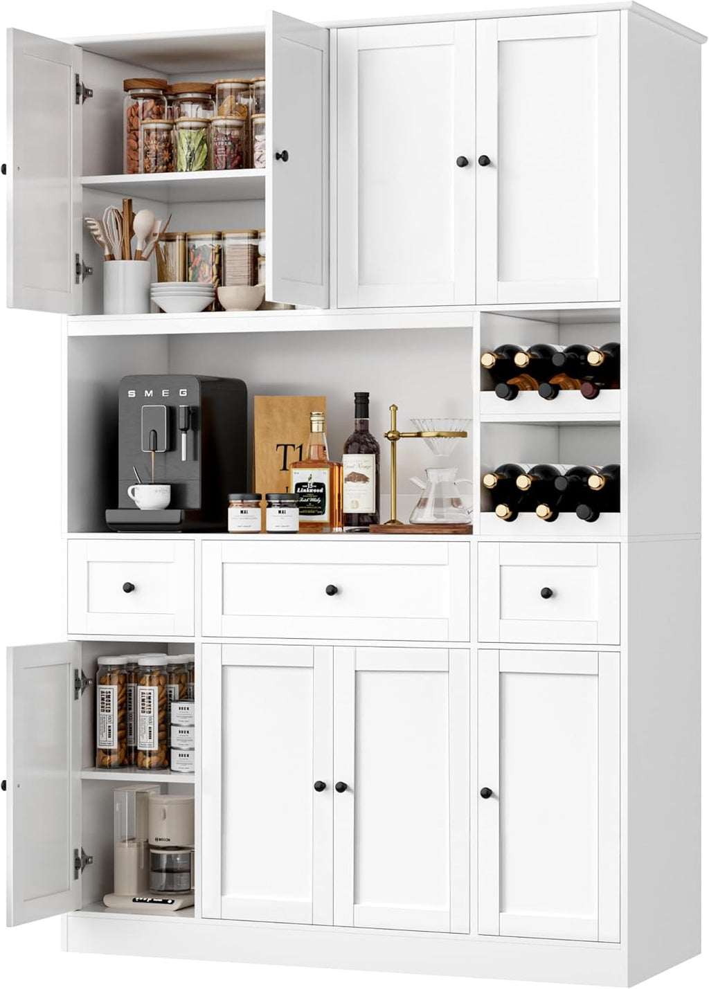 72-Inch Kitchen Pantry with Wine Rack and Microwave Space, White