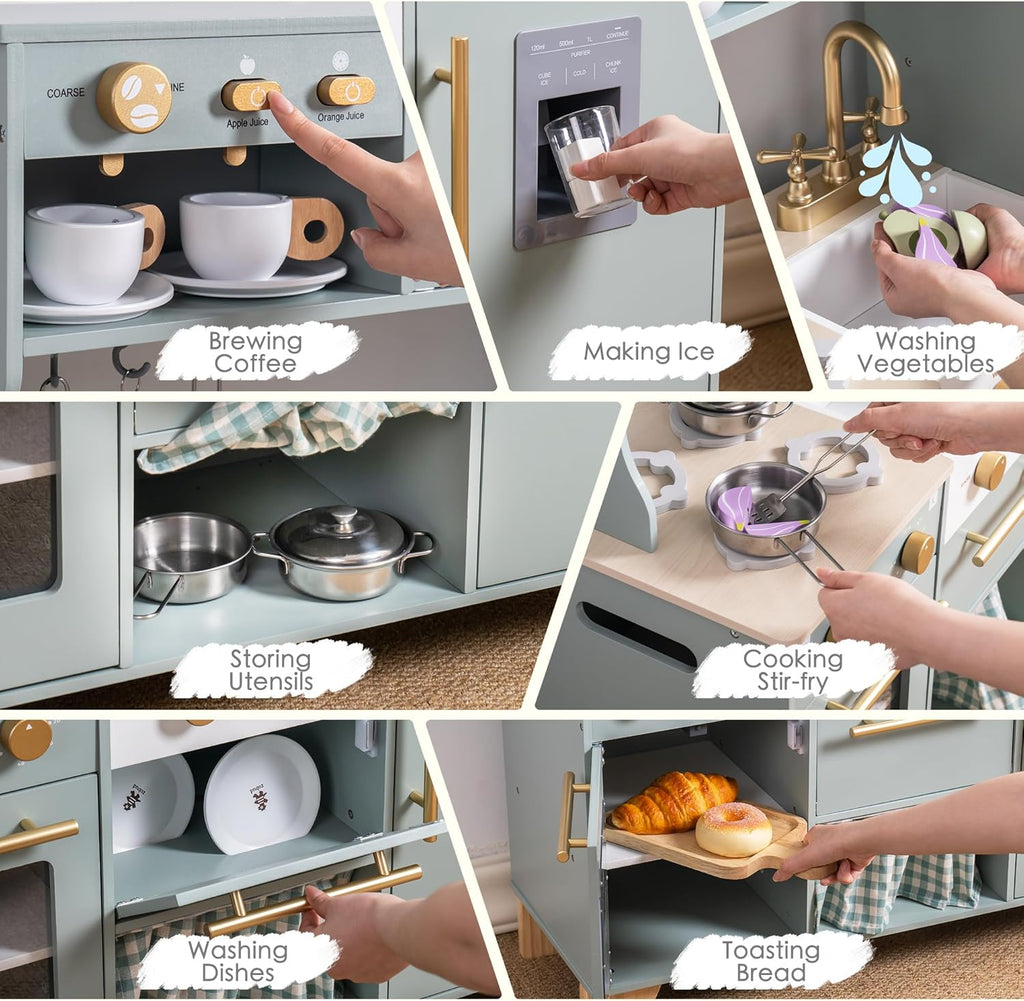 Wooden Pretend Play Kitchen with Toy Appliances and Accessories