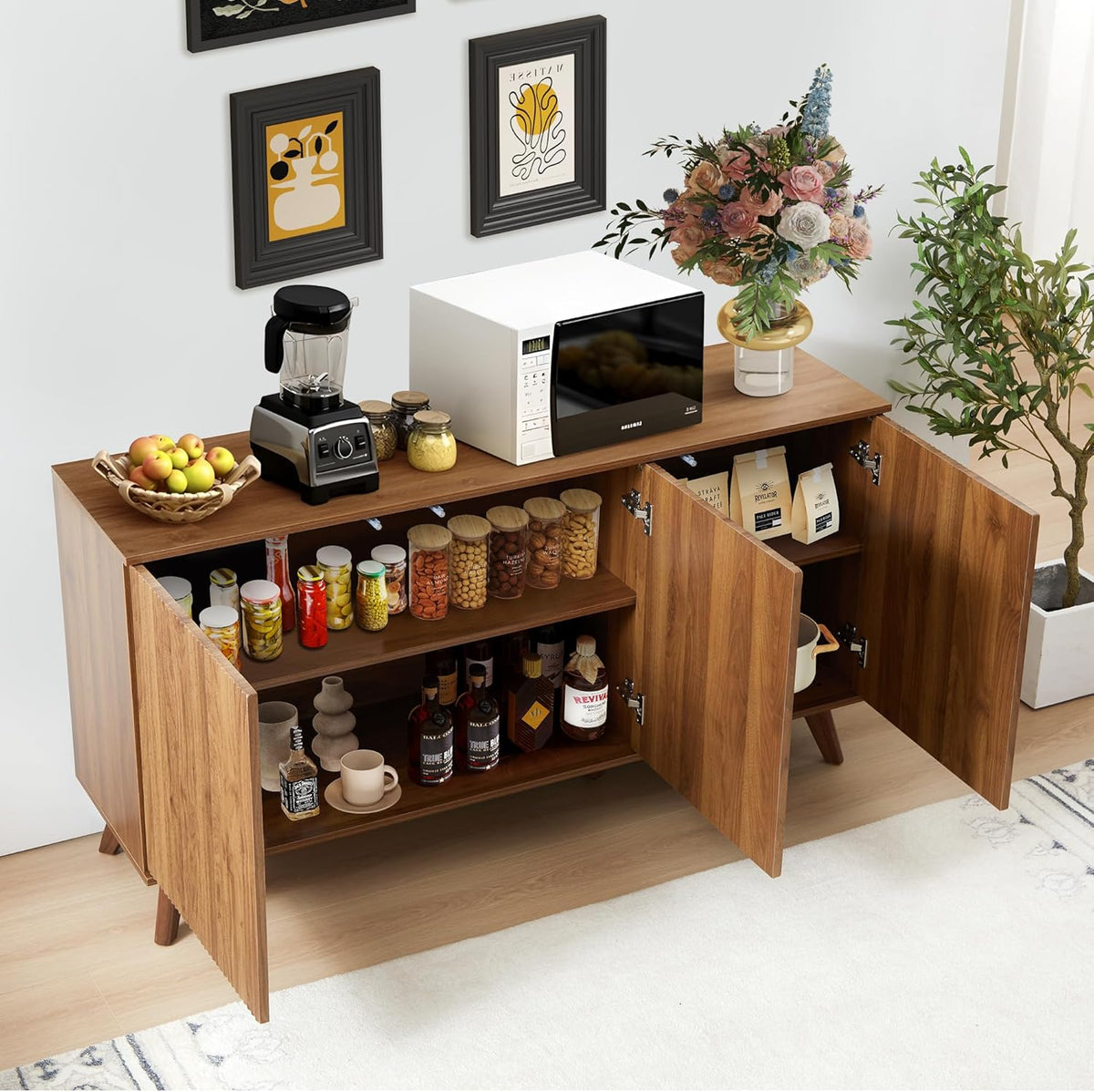 Fluted Sideboard Cabinet with Doors, Walnut