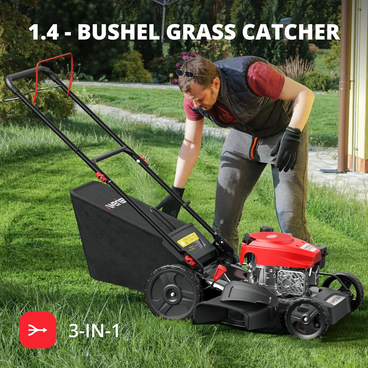 21" Steel Deck Gas Lawn Mower, Heavy-duty 3-IN-1 Push Mower, 144CC 4-STROKE Engine, 6-POSITION Height Adjustment, Large 1.4 Bushel Grass…