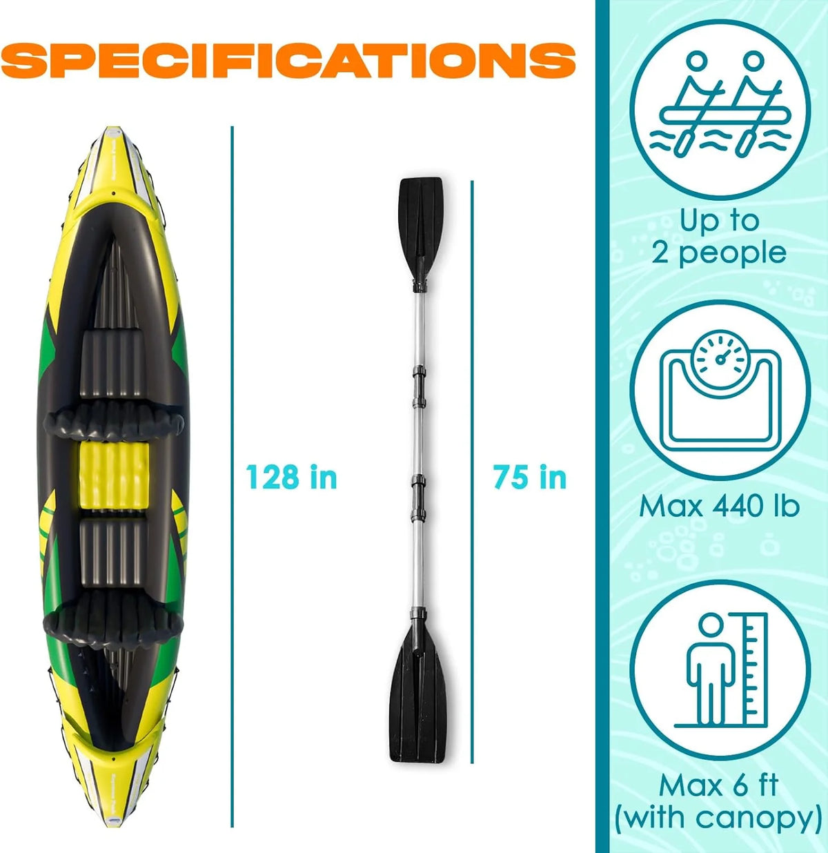 Kp Inflatable Kayak 2 Person with Sun Canopy Detachable Kayaks for Adults 3RD Seat for Dog Child Waterproof Phone Bags Adjustable