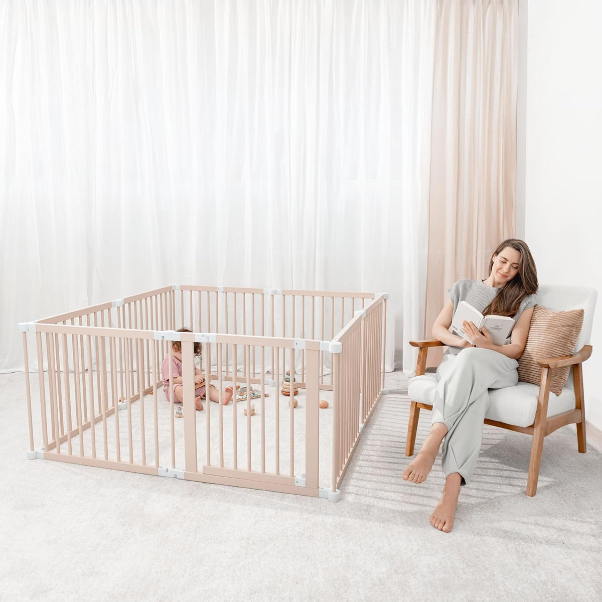 Foldable Wooden Baby Playpen and Gate, Light Wood and White
