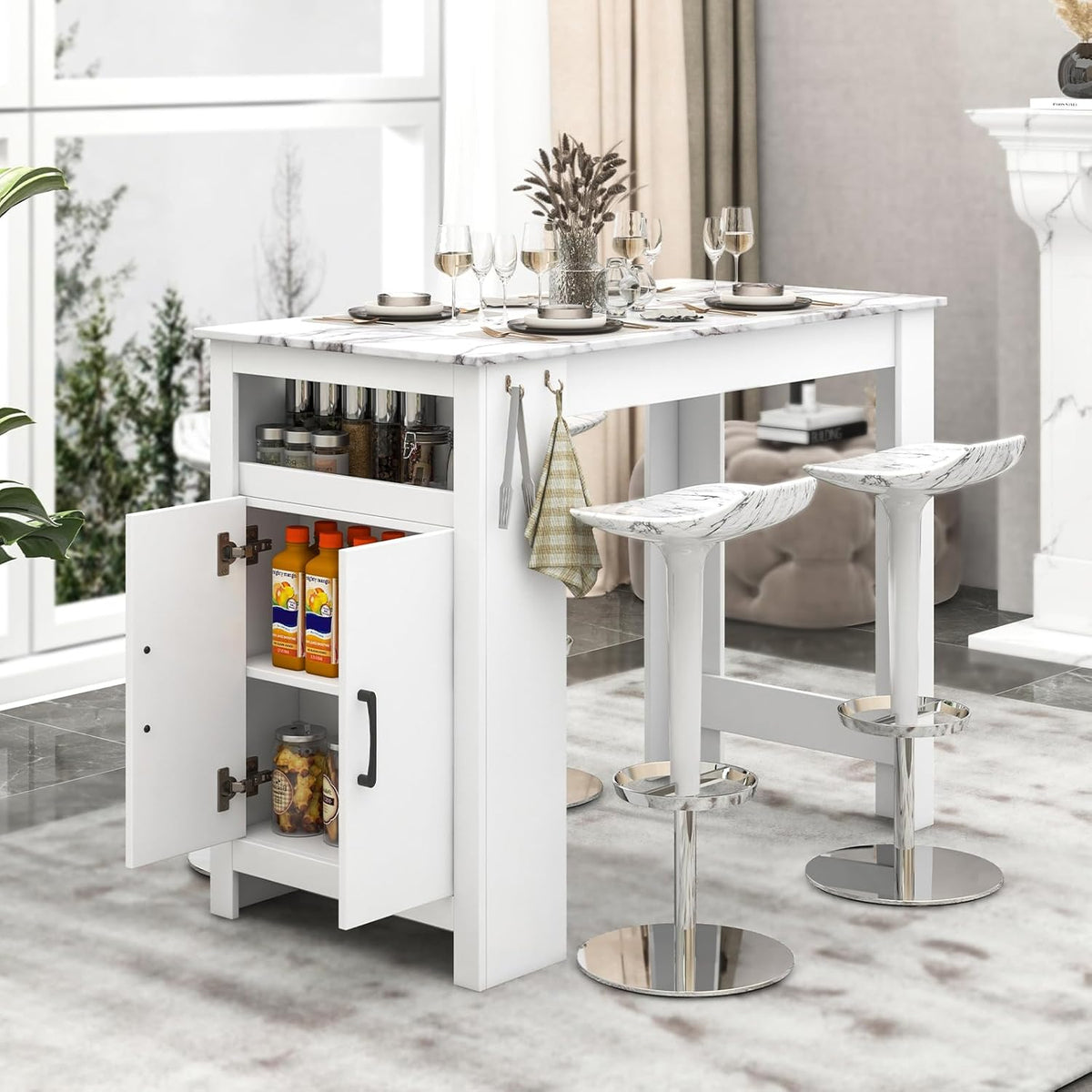 47-Inch Counter-Height Table with Storage and Faux Marble Top, White