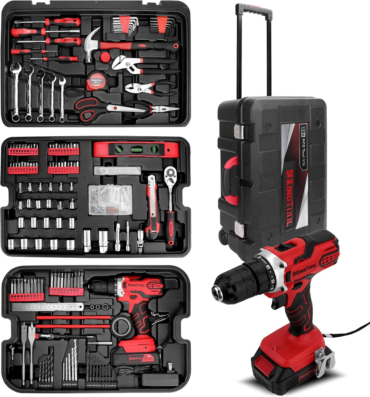 Home Tool Set Kit - 286 Pcs Home Auto Repair Tool Kit with Rolling Tool Box, Mechanic Tool Sets with 21V Max Cordless Power Drill, Perfect…