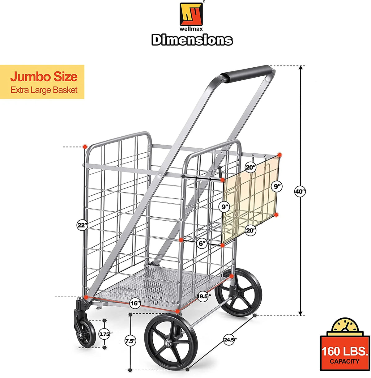 Shopping Cart with Wheels, Metal Grocery Cart with Wheels, Shopping Carts for Groceries