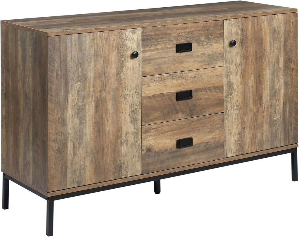 Industrial Sideboard with Two Cabinets and Three Drawers, Distressed Brown