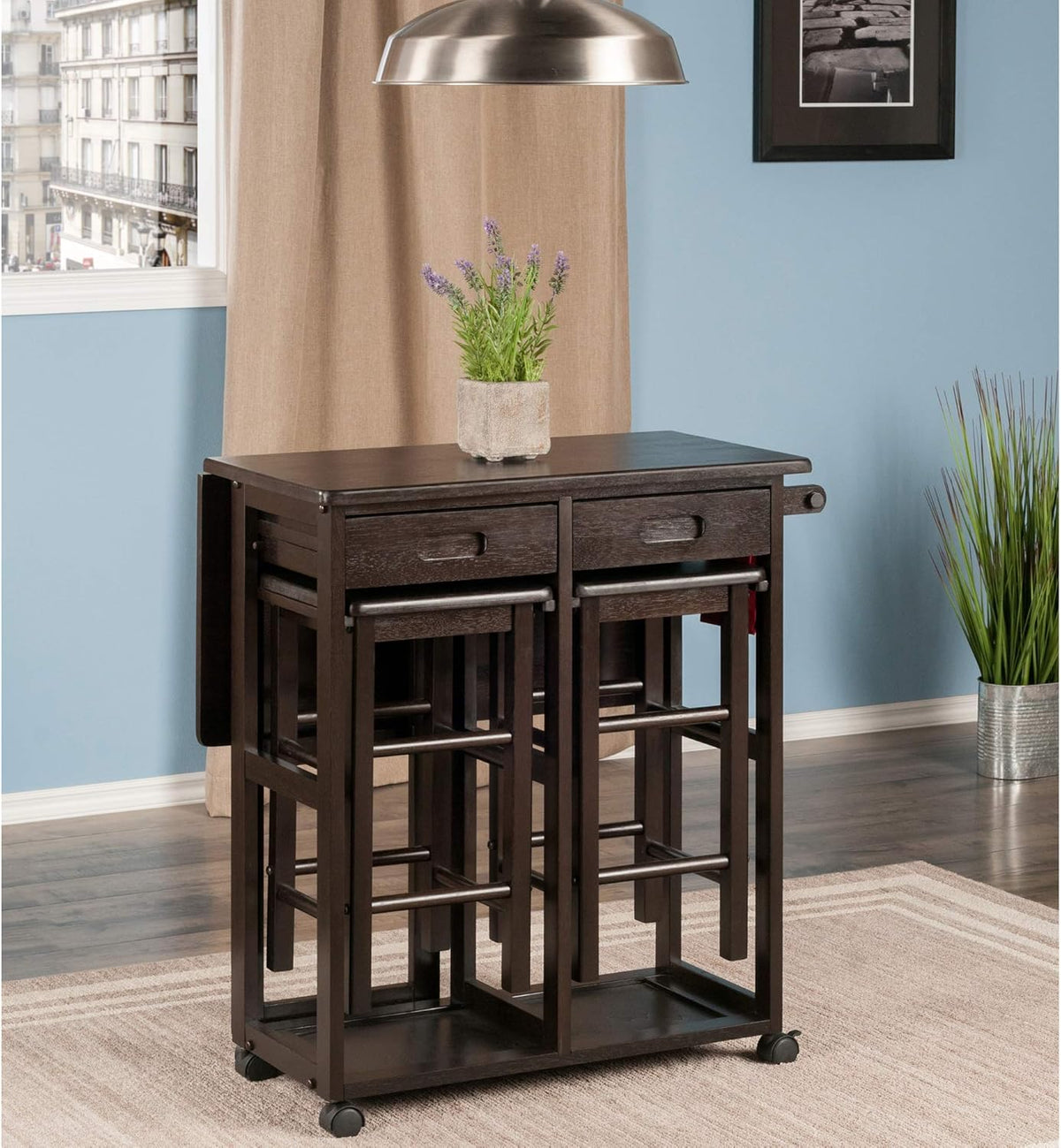 3-Piece Drop-Leaf Table Set with Stools and Drawers