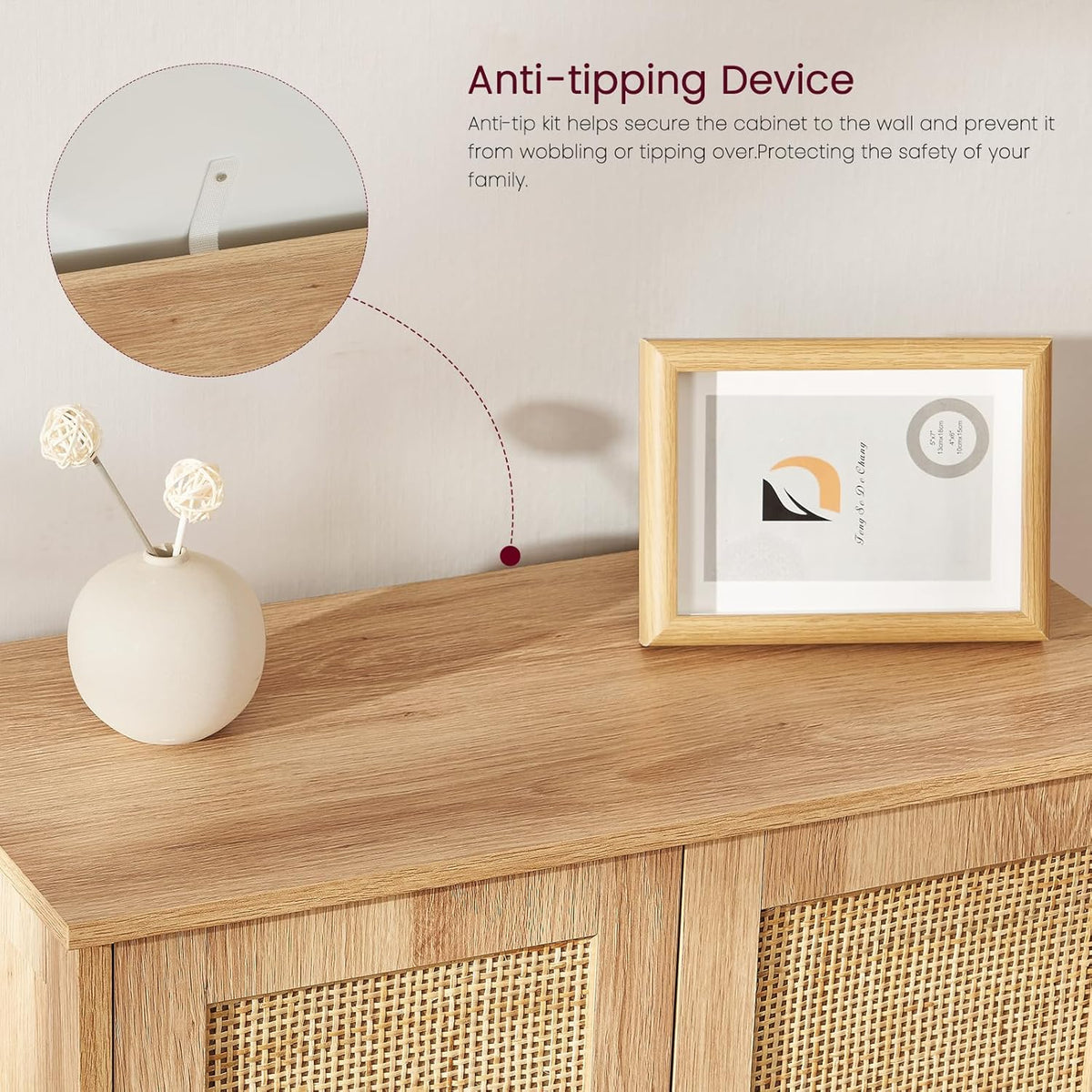 Freestanding Storage Cabinet with Rattan Doors and Adjustable Shelf