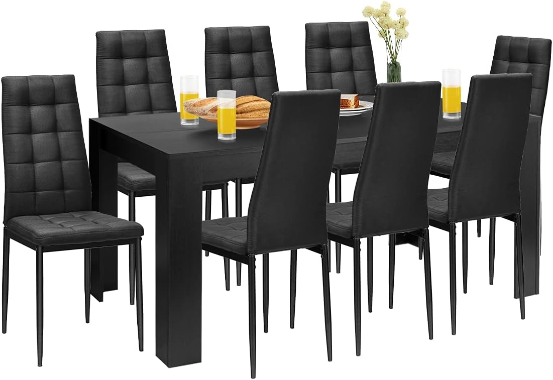 9-Piece Dining Set with Rectangular Table and Eight Upholstered Chairs, Black