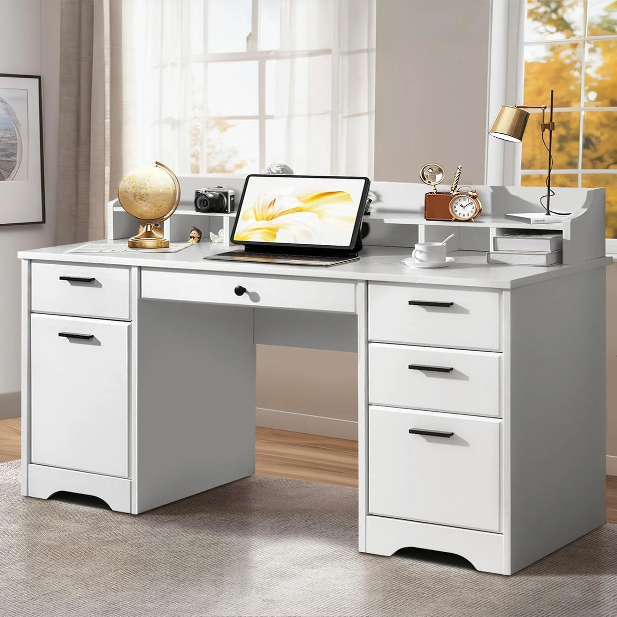 Executive Desk with Drawers, 58 Inch Desk with Storage, Wood Executive Desk with 6 Drawers, Study Desk for Bedroom, Business Furniture Desk…