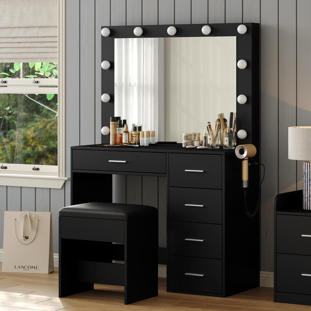 37-Inch Makeup Vanity with Lighted Mirror and 5 Drawers