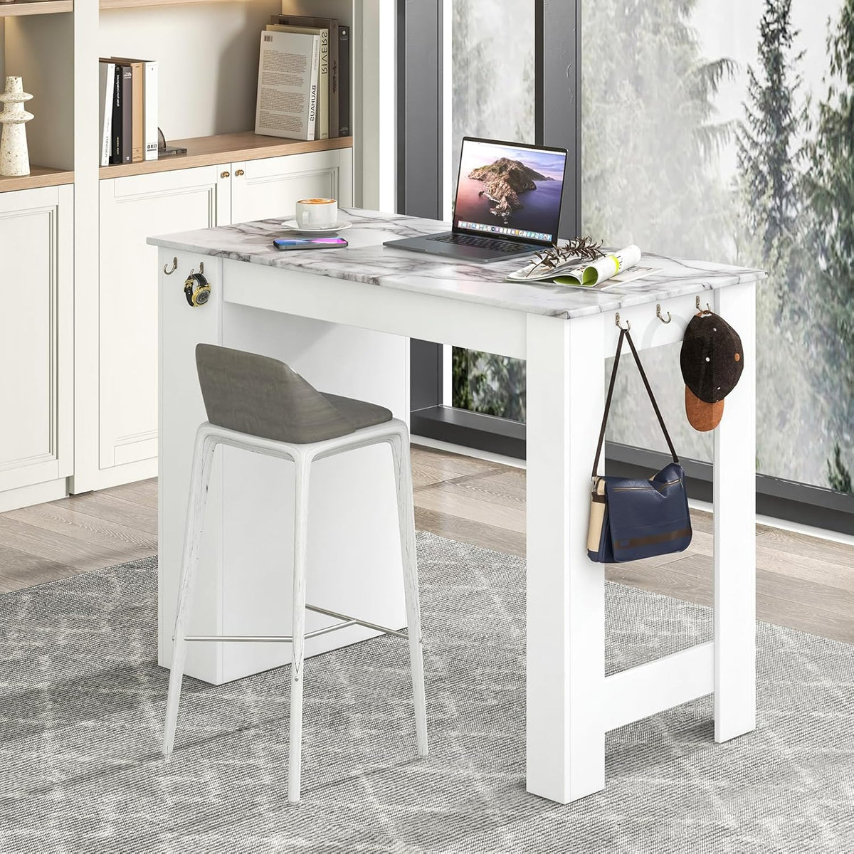 47-Inch Counter-Height Table with Storage and Faux Marble Top, White