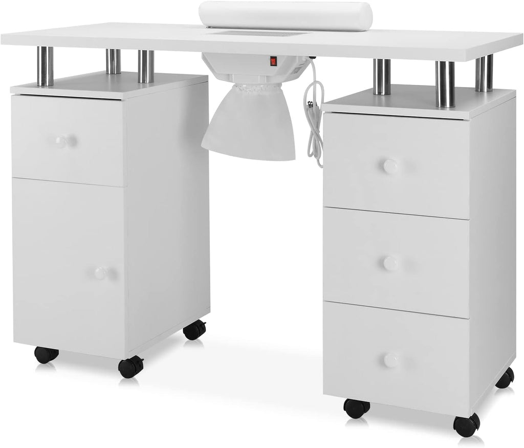 Manicure Table with Electric Dust Collector and Lockable Wheels, White