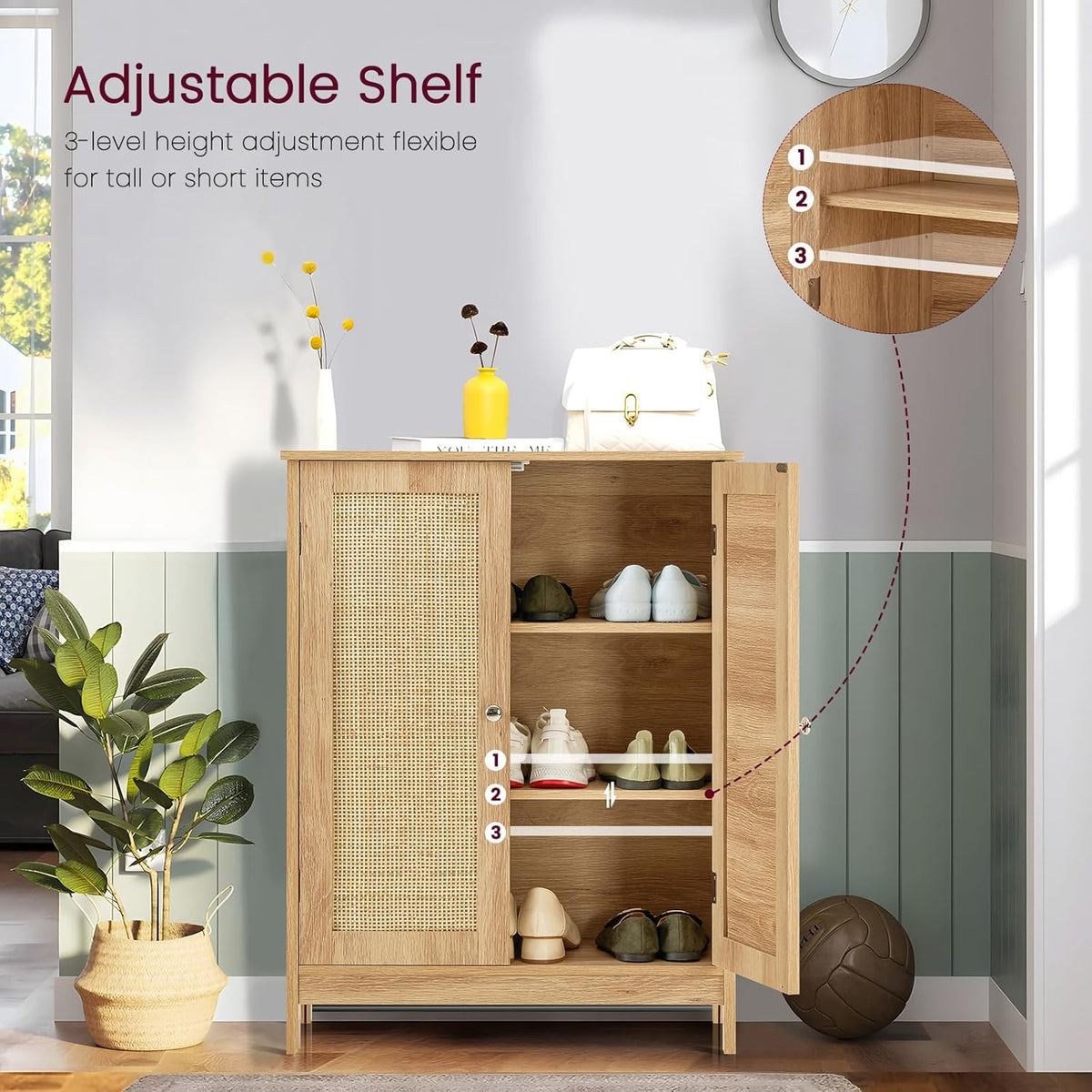 Freestanding Storage Cabinet with Rattan Doors and Adjustable Shelf