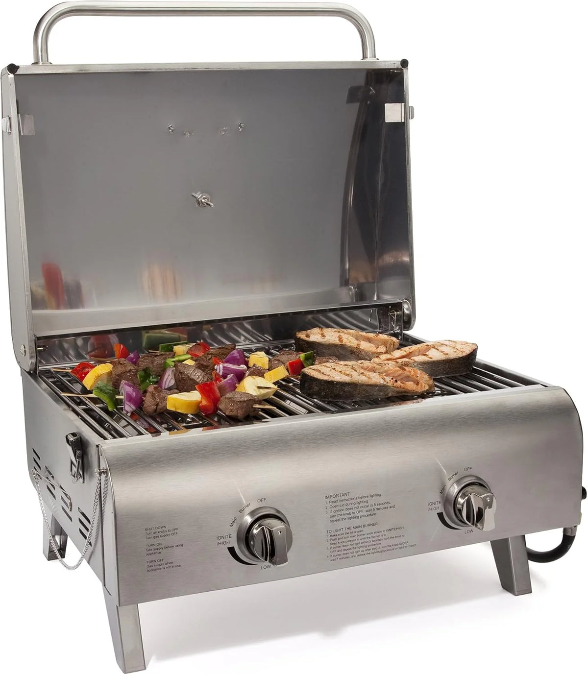 Chef's Style Tabletop Portable Propane Gas Grill with Dual Burners (20,000 Btus Total), Twist-start Ignition Stainless Steel Bbq Grill for…