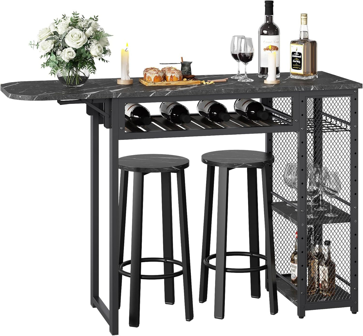 Expandable Bar Table Set with Two Stools and Wine Rack, Rustic Brown