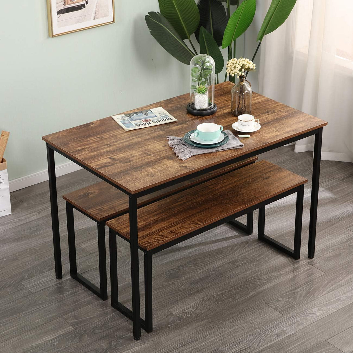 3-Piece Dining Table Set with 2 Benches
