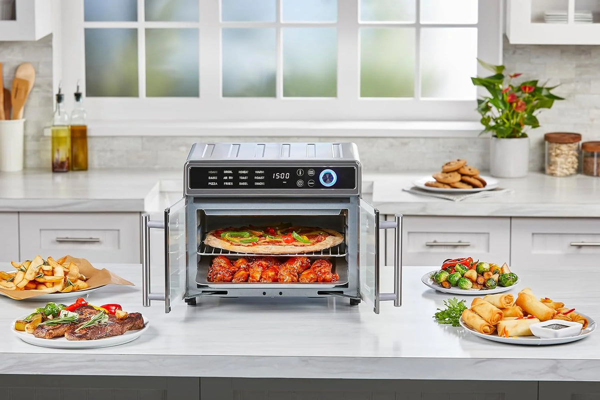 Air Fryer Toaster Oven Combo, 12 in 1 Countertop Convection Oven Cooks Food Fast, Fits a Whole Pizza or 6 Toast Slices, French Doors with…