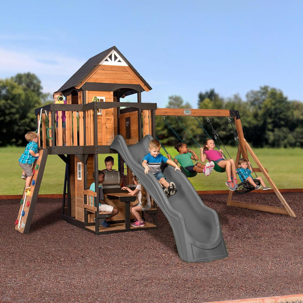 Canyon Creek Cedar Wood Swing Set with Wave Slide, Clubhouse, Play Kitchen, Picnic Area, Belt Swings, Web Swing, Rock Wall, Balconies,…