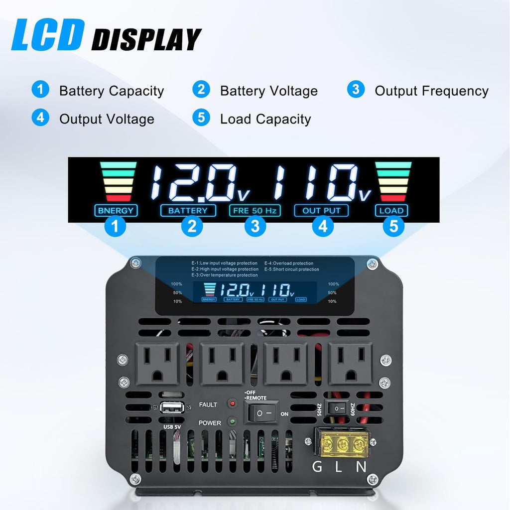 5,000W Power Inverter, 12V DC to 110V/120V AC, with LCD Display