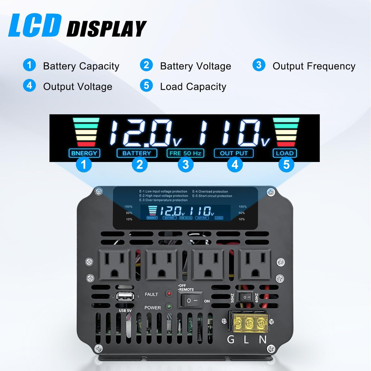 5,000W Power Inverter, 12V DC to 110V/120V AC, with LCD Display