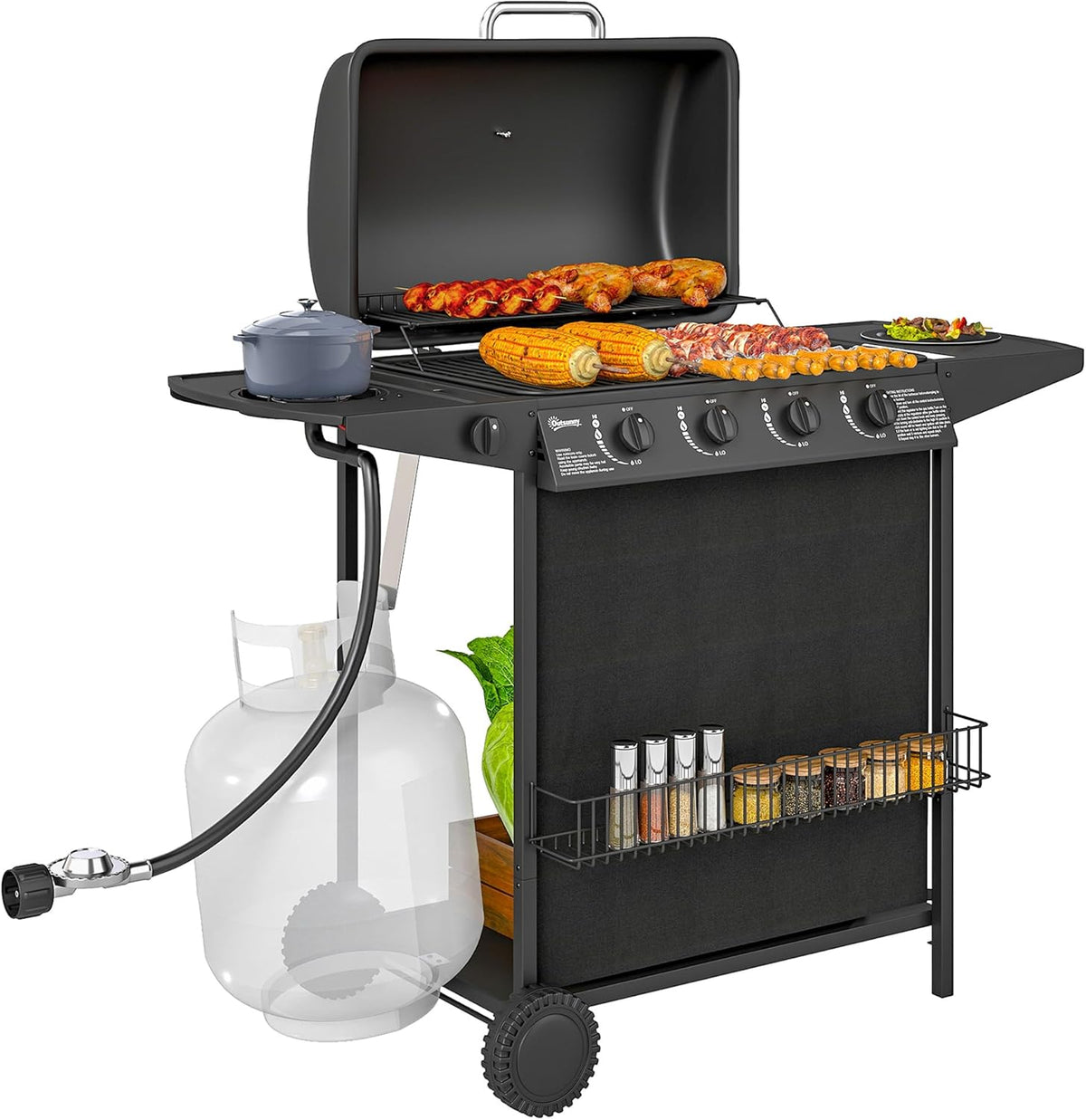 Four-Burner Propane Grill with Side Burner, Black