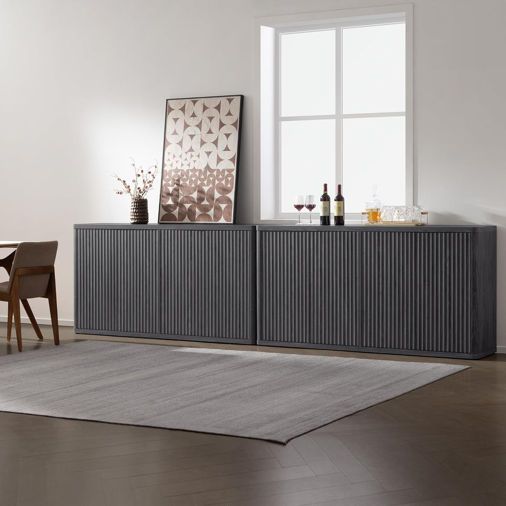 66.3-Inch Four-Door Fluted Buffet Cabinet, Dark Gray Alder