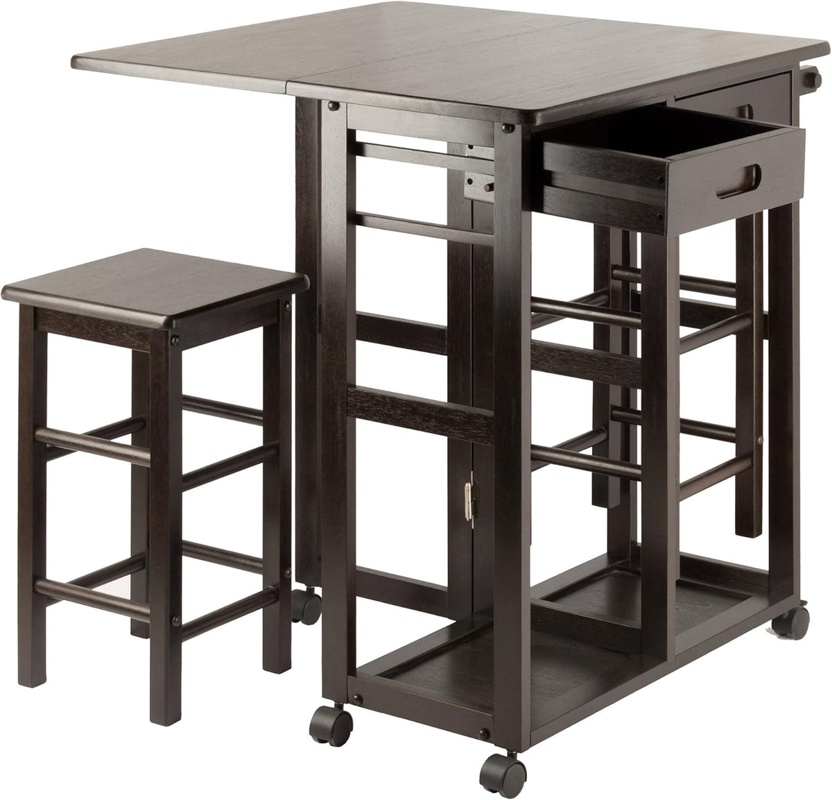3-Piece Drop-Leaf Table Set with Stools and Drawers