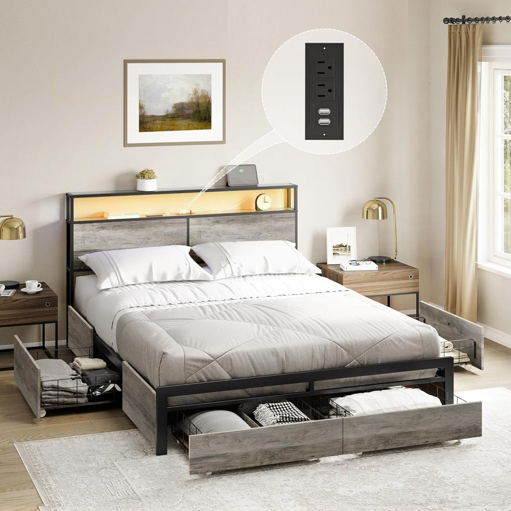 Queen Bed Frame with Storage Headboard, 4 Drawers and LED Lights