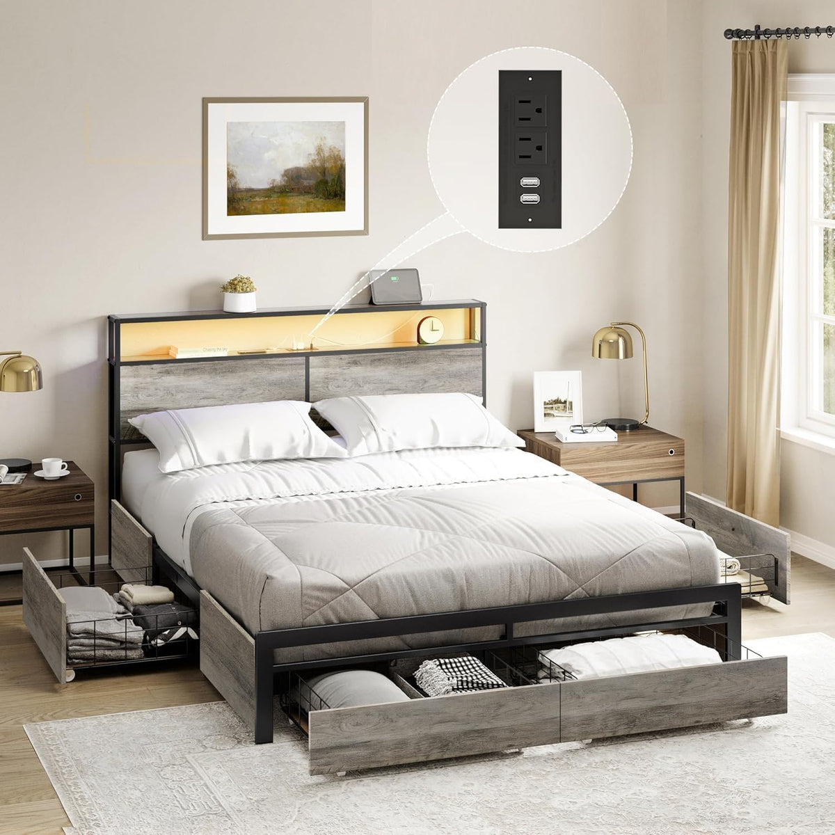 Queen Bed Frame with Storage Headboard, 4 Drawers and LED Lights