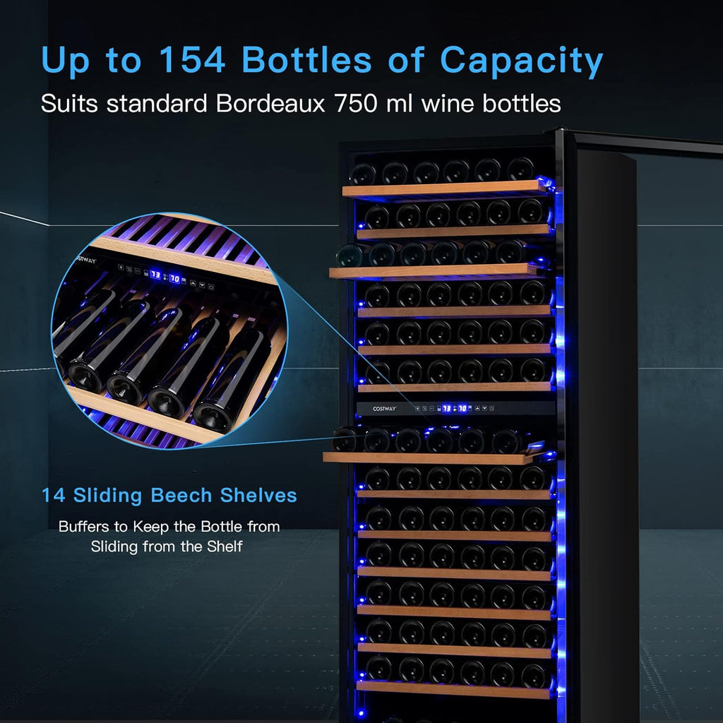 154-Bottle Dual-Zone Wine Cooler with Tempered Glass Door
