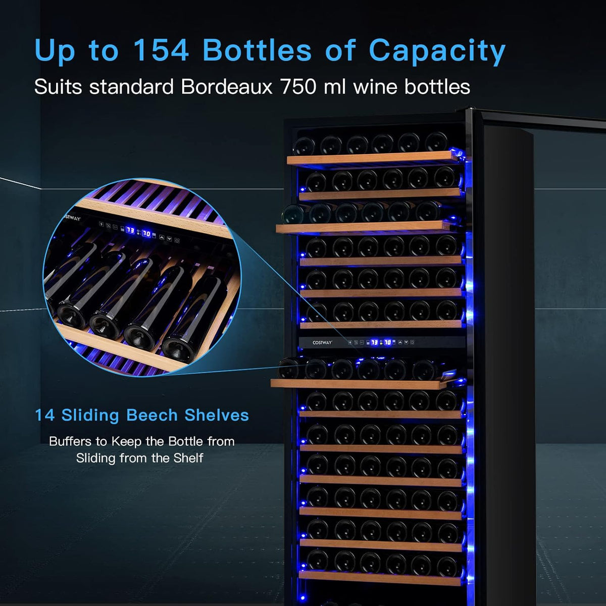 154-Bottle Dual-Zone Wine Cooler with Tempered Glass Door