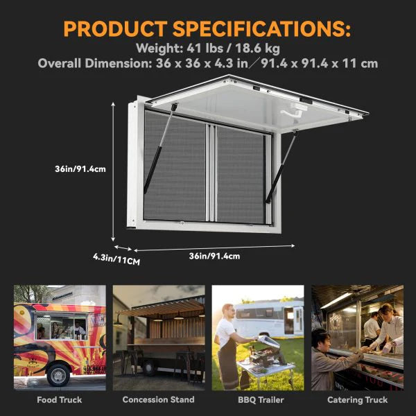 Concession Window 36W X 36H Aluminum Alloy Food Truck Service Window with Sliding Screens & Awning Door, Hydraulic Lift, Locking Mechanism,…