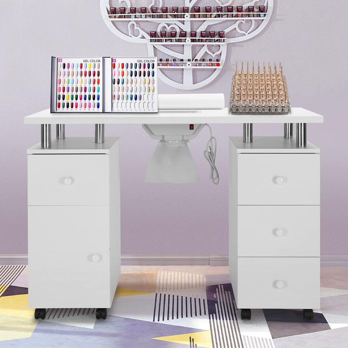 Manicure Table with Electric Dust Collector and Lockable Wheels, White