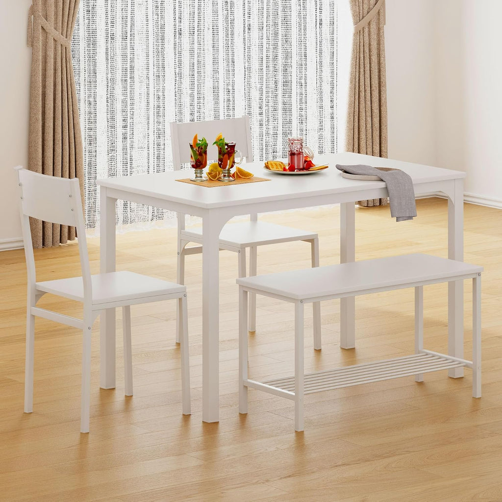 4-Piece Dining Set with Two Chairs and Bench, White