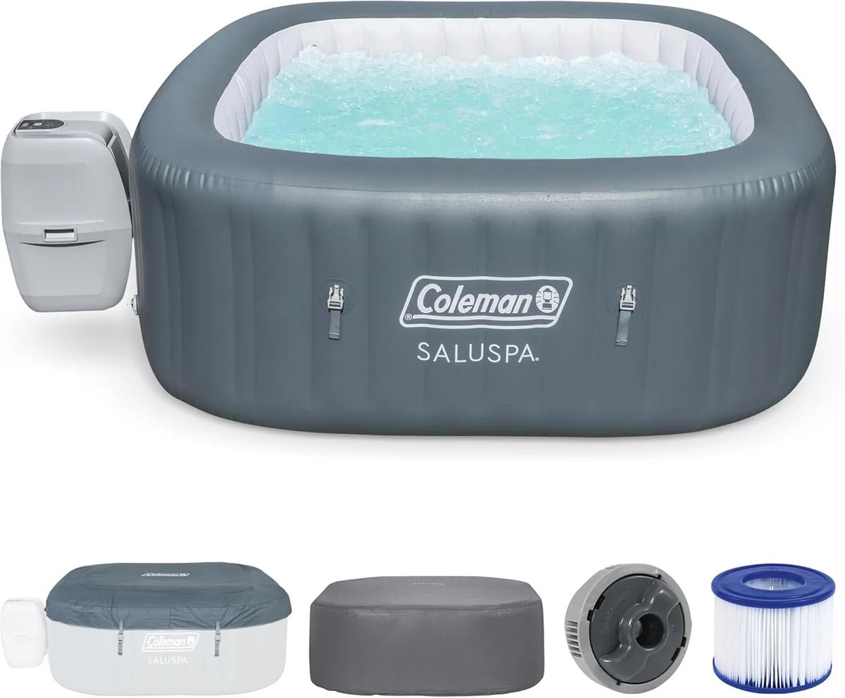 4 to 6 Person Inflatable Hot Tub Square Portable Outdoor Spa with 114 Soothing Airjets and Insulated Cover