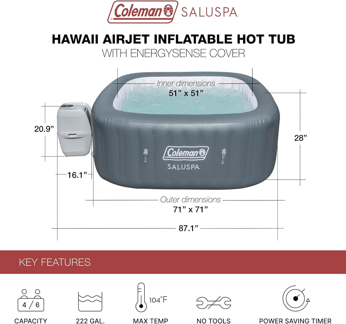 4 to 6 Person Inflatable Hot Tub Square Portable Outdoor Spa with 114 Soothing Airjets and Insulated Cover