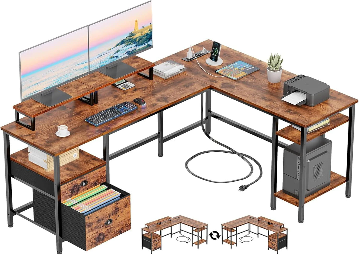 66" L Shaped Desk with Power Outlet, Reversible Computer Gaming Desk with File Drawer & 2 Monitor Stands for Home Office with Storage…