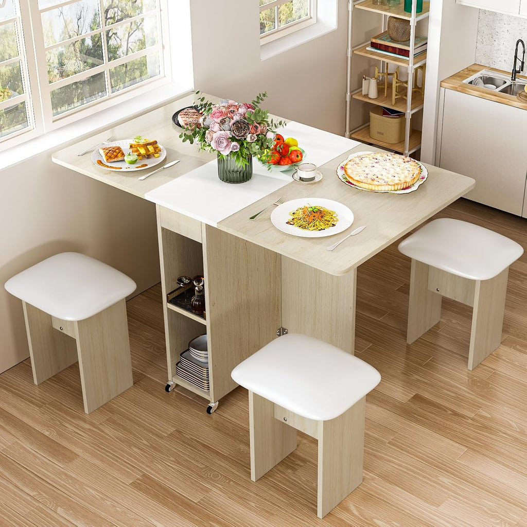 Folding Dining Table Set with 4 Chairs and Storage Shelves