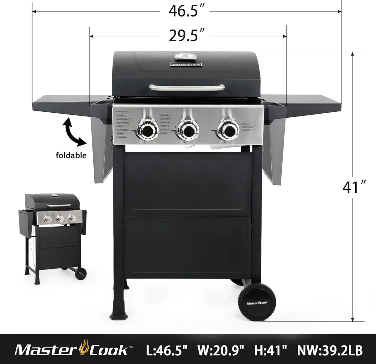3 Burner Bbq Propane Gas Grill, Stainless Steel 30,000 btu Patio Garden Barbecue Grill with Two Foldable Shelves
