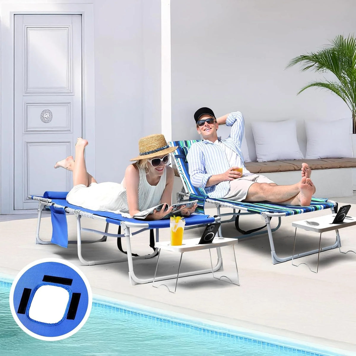 3-IN-1 Outdoor Sun Tanning Lounge Chair with Face Hole - 5-POSITION Recliner, Folding Side Table & Removable Pillow, 330LBS Capacity, Blue