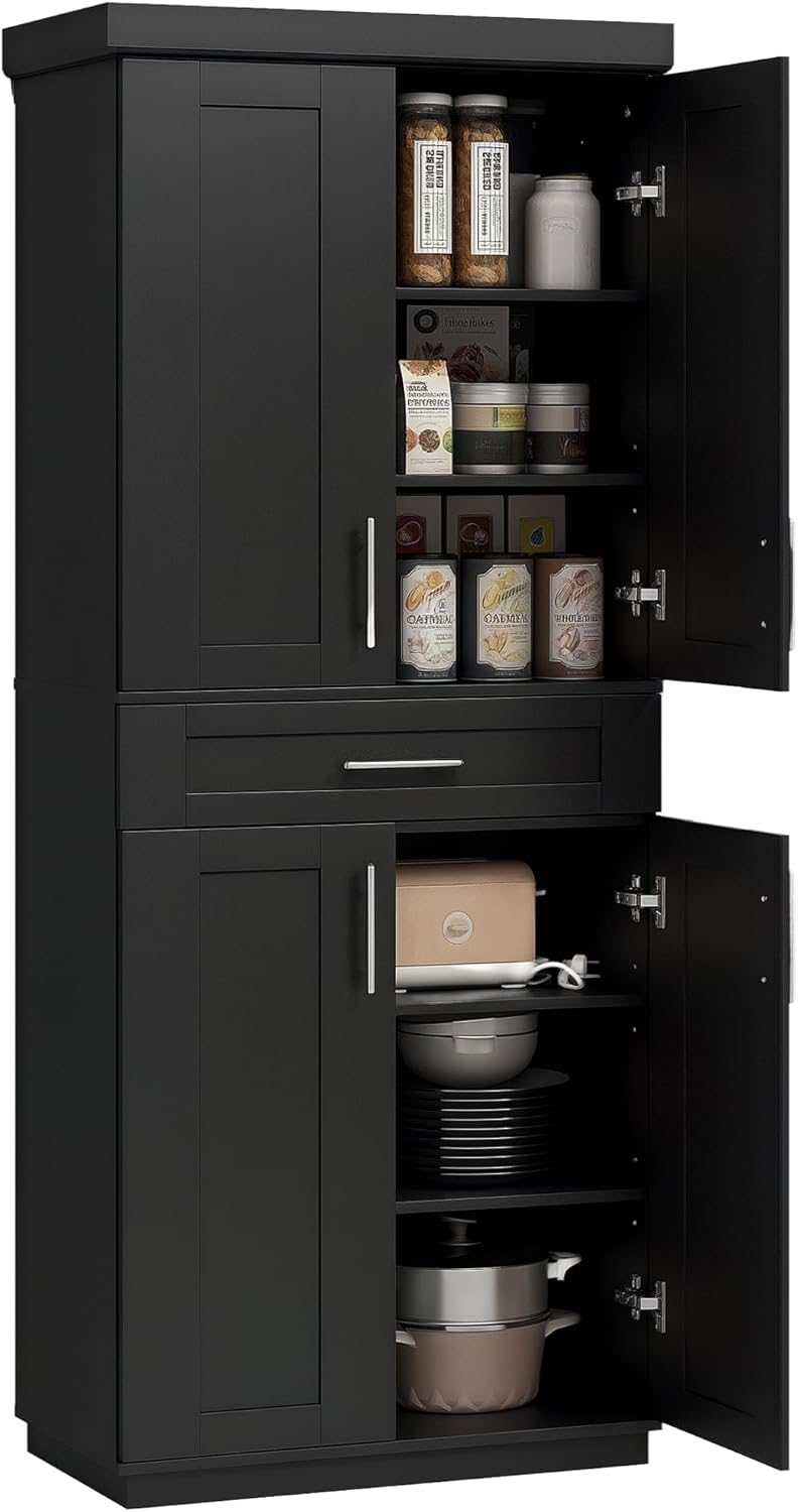 72-Inch Kitchen Pantry Cabinet with Four Doors and Drawer, Gray