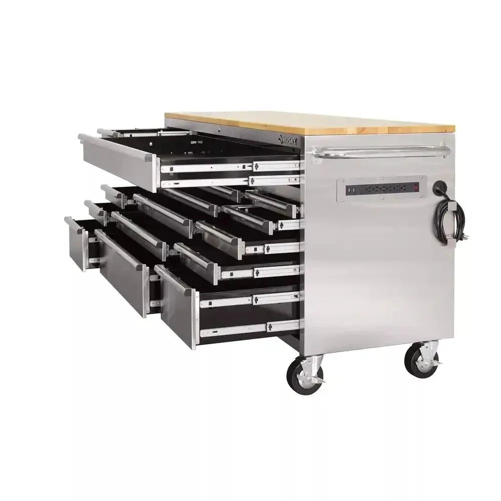 72 in. 18-DRAWER 24 in. D Mobile Workbench with Solid Wood Top Stainless Steel