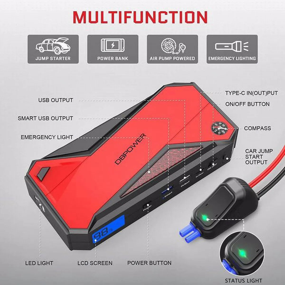 Peak 1600A 18000MAH Car Battery Jump Starter, Up to 7.2 Gas, 5.5L Diesel Engines, Portable Battery Booster with Smart Charging Port, Lcd…