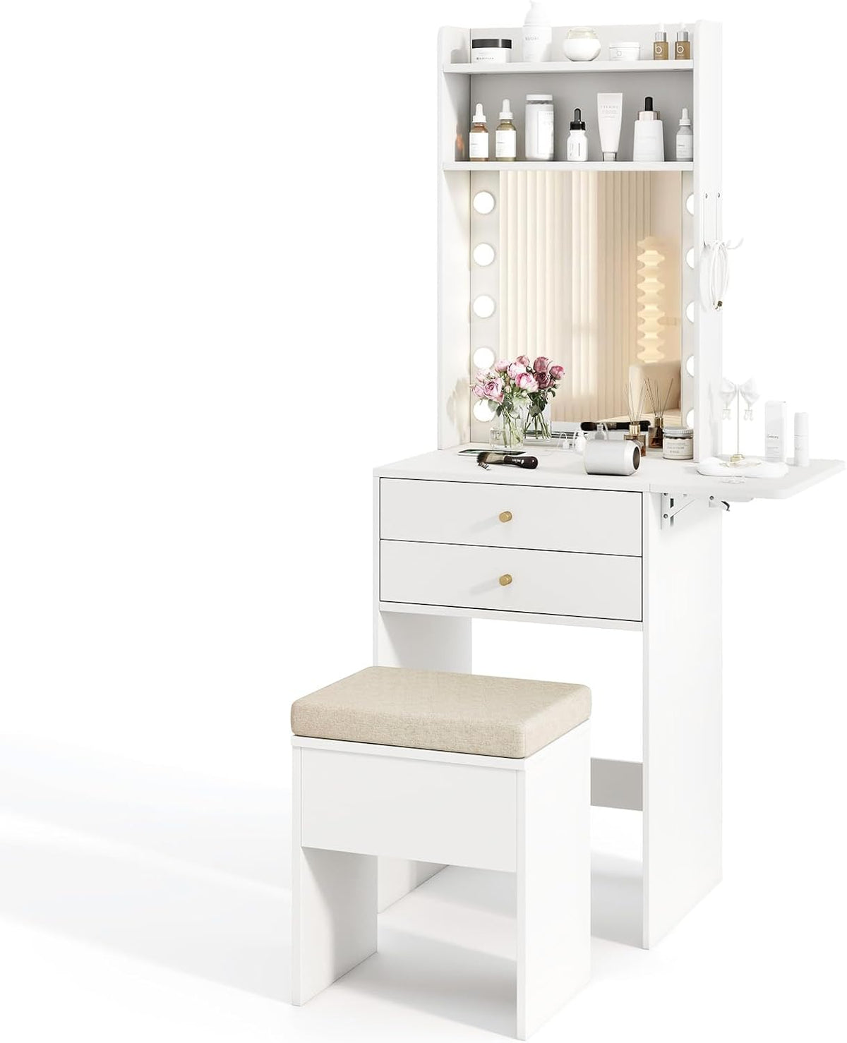 Compact Vanity Desk with Lighted Mirror and Storage, White