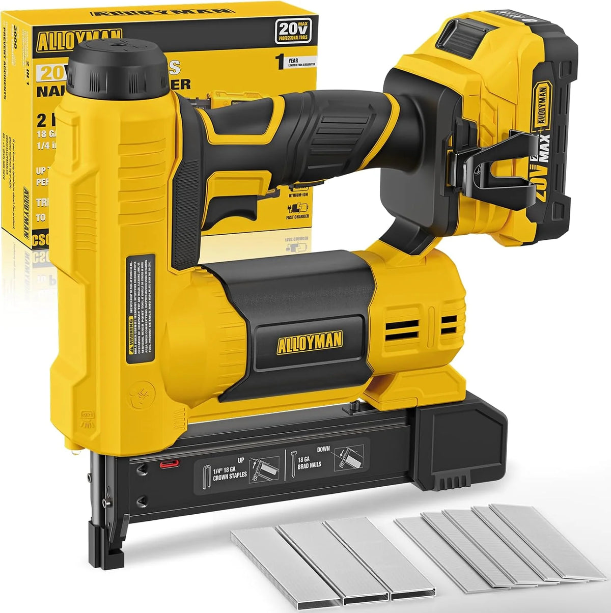 Alloyman 18 Gauge Nail Gun Battery Powered 2 in 1 Cordless Brad Nailer Electric Stapler with 2 0AH Battery and Charger 1000PCS Nails and 500