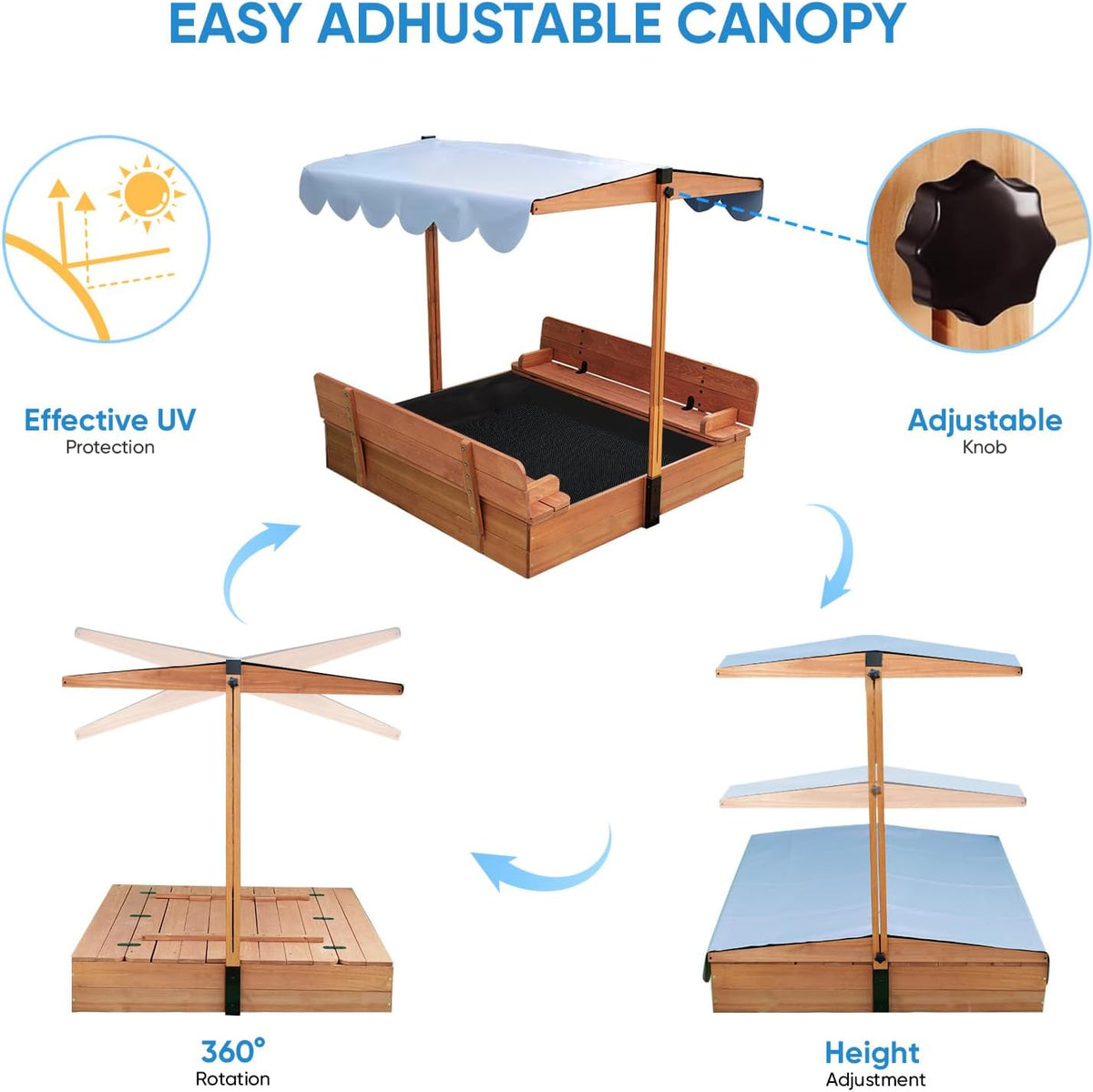Wooden Sandbox with Lid, Benches and Adjustable Canopy
